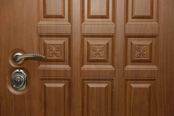 Дверь Покрыта Деревянной Оболочкой Резьба Дереву Внутренняя Конструкция Замка Замочная — стоковое фото