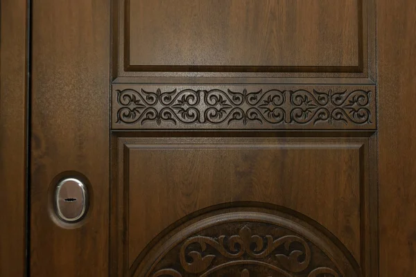 Uşa Învelită Lemn Sculptură Lemn Design Interior Blocare Gaura Cheii — Fotografie, imagine de stoc