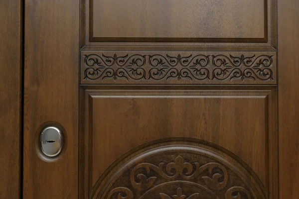 门被木包住了 内部锁设计 金属门把手 防盗装甲门 金属门 门的设计 — 图库照片
