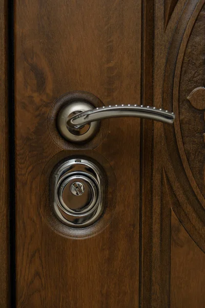 Die Tür Ist Mit Holz Verkleidet Holzschnitzerei Innenschlosskonstruktion Schlüsselloch Türgriff — Stockfoto