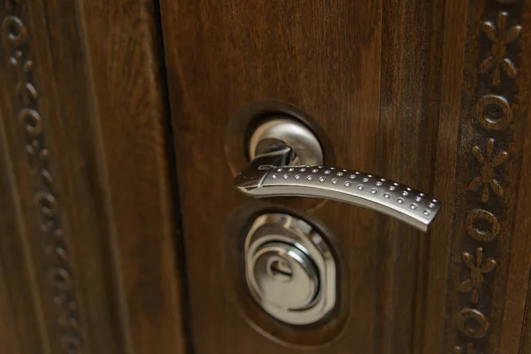 Door Sheathed Wood Wood Carving Internal Lock Design Keyhole Metal — Stock Photo, Image