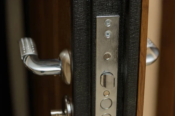 木製ドア 内部ロック デザイン 金属製のドアのハンドル 反強盗装甲ドア 金属室内ドア ドアのデザイン のぞき穴 — ストック写真
