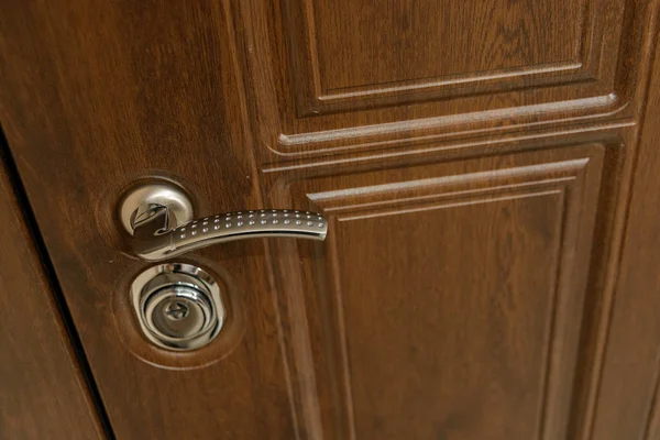 Ξύλινη Πόρτα Σχεδίαση Εσωτερική Κλειδαριά Κλειδαρότρυπα Μεταλλική Πόρτα Λαβή Αντι — Φωτογραφία Αρχείου