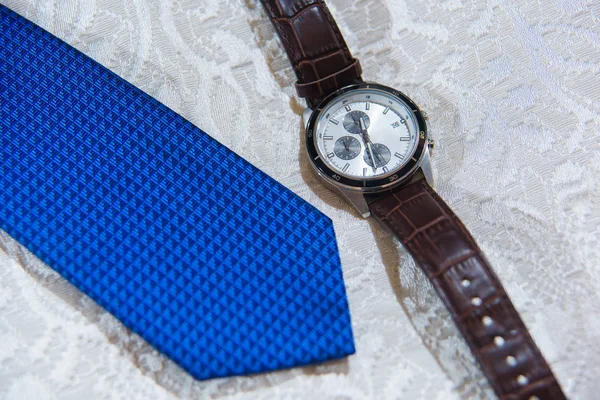 Wedding Ceremony Preparing Groom Wedding Wristwatch Tie Blue Man Wears — Stock Photo, Image