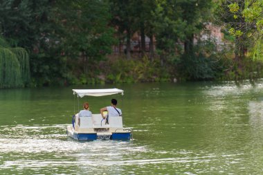 Bir katamaran göl üzerinde yürümek. Bir göl ile bir Park. Ağaçlar yeşil yaprakları ile. Yürüyüşe çocuklu bir çift gördüm. Katamaran göl kenarında. Su yüzeyinde Ripples.