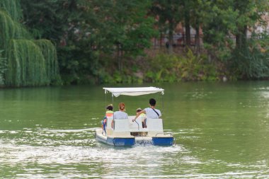 Bir katamaran göl üzerinde yürümek. Bir göl ile bir Park. Ağaçlar yeşil yaprakları ile. Yürüyüşe çocuklu bir çift gördüm. Katamaran göl kenarında. Su yüzeyinde Ripples.