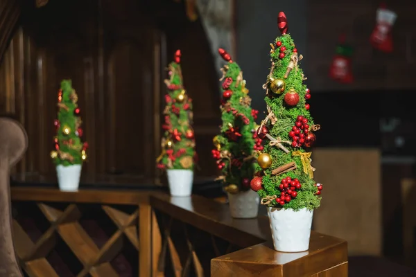 Christmas decor in the restaurant. Wooden shelf. Small decorative Christmas tree in a pot. Cinnamon sticks and red berries. Decoration in the shape of a red star.