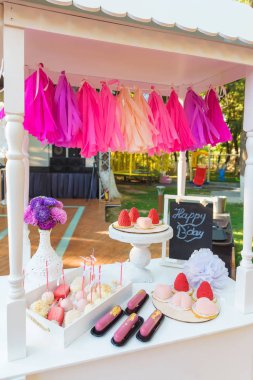 Doğum günü kızı 16 yaşındaki. Çikolata. Tatlı. Kek. Tatlı hamur işleri. Photo Zone'a. Doğum günü. Olay. Doğum günün için çikolata. clairs krema ile.