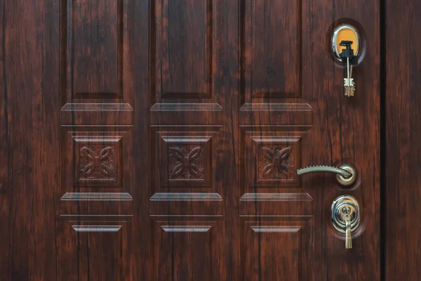 ドアロックの鍵ブラウン金属の入り口のドア 信頼できるメカニズムが付いている外的なドア ホームセキュリティ — ストック写真