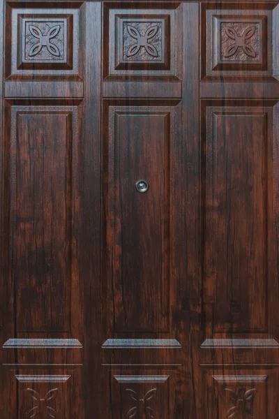 ピープホールを備えた玄関ドア ブラウン金属の入り口のドア 信頼できるメカニズムが付いている外的なドア ホームセキュリティ — ストック写真