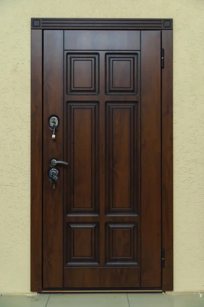 Brązowe Metalowe Drzwi Wejściowe Drzwi Metalowe Jako Drewniane Elementy Dekoracyjne — Zdjęcie stockowe