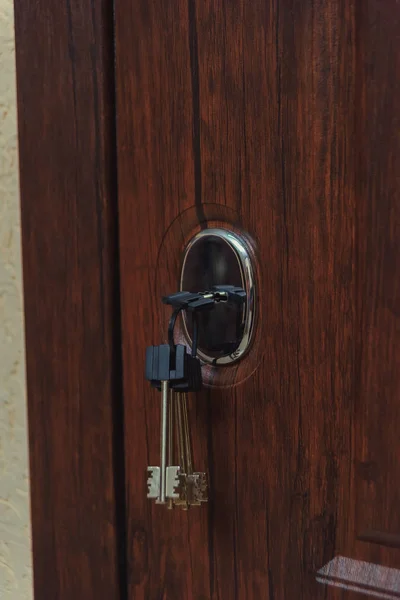 Ключи Дверном Замке Коричневая Металлическая Дверь Внешняя Дверь Надежным Механизмом — стоковое фото