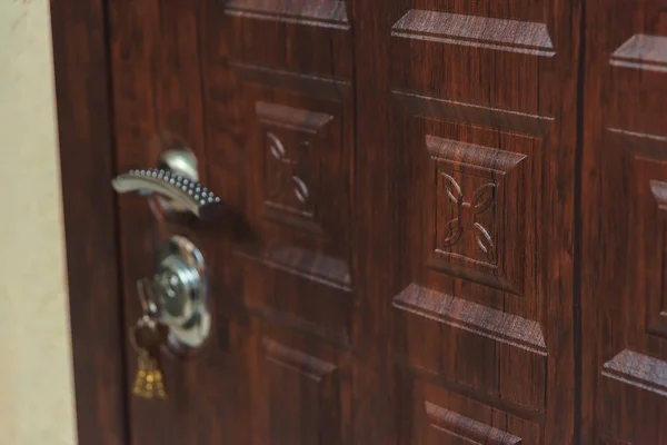 Keys Door Lock Brown Metal Entrance Door External Door Reliable — Stock Photo, Image