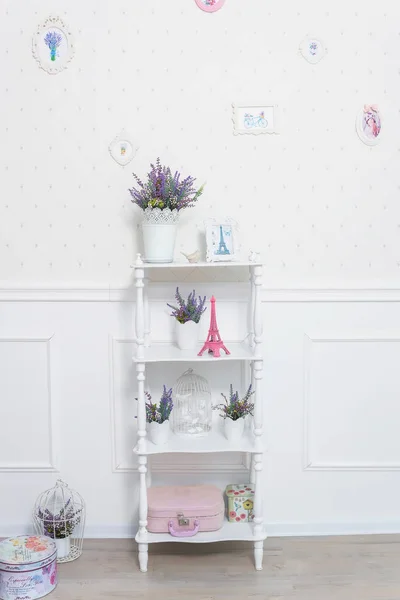 Vintage Wooden Bookcase Background Bright Walls White Pots Lavender Room — Stock Photo, Image