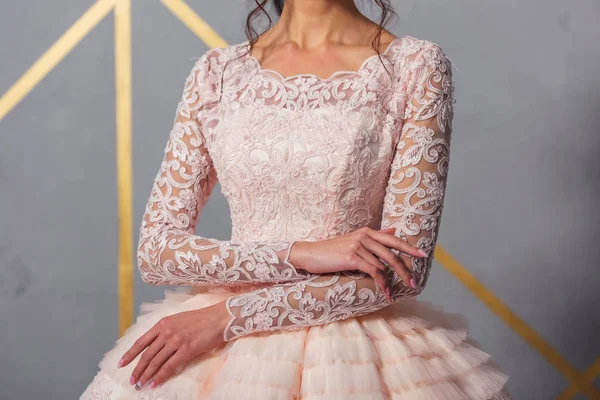 Kazakh National Wedding Dress Girl Hands Lace Fabric Fluffy Skirt — Stock Photo, Image