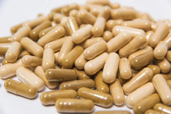 Pills White Background Vegetable Vegan Capsules Biologically Active Additives Medicines — Stock Photo, Image