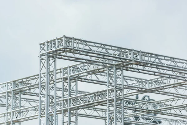 Metal construction of the building. Construction of a high shopping center. Technology of construction of a frame building.