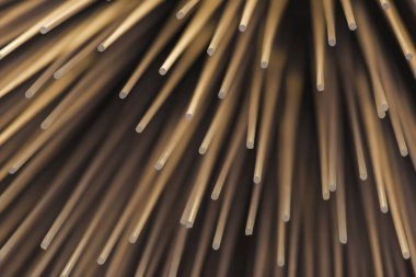 İç plastik tüpler soyut montajı. Plastik elemanlar kümesinin dokusu. Sıcak ışık ve doğrudan şekil. Modern sanat. Tavana bir sürü tüp. Olağandışı avize.