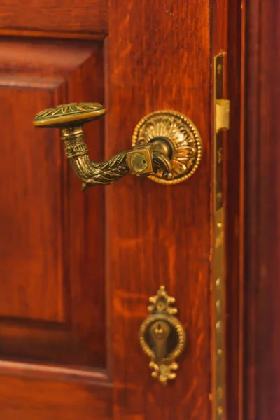Vintage Mahogany Door Texture Lacquered Wood Metal Handle Old Interior — Stock Photo, Image