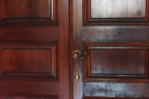 Vintage Mahogany Door Texture Lacquered Wood Metal Handle Old Interior — Stock Photo, Image