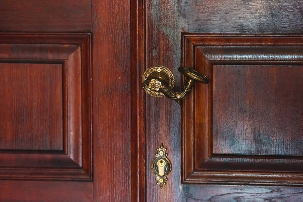 Vintage Mahoniowe Drzwi Tekstury Lakierowanego Drewna Metalowy Uchwyt Starych Drzwi — Zdjęcie stockowe