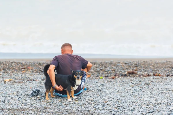 A man with a black dog sitting on the beach. Walk with dog. Rocky beach of the black sea.