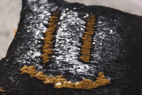 Double-sided sequins. Gold and black sequins. Pillow with sequins and smiley. Good morning. Smile on the pillow.