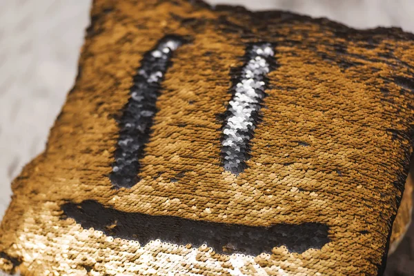 Double-sided sequins. Gold and black sequins. Pillow with sequins and smiley. Good morning. Smile on the pillow.