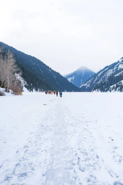 Ice-covered lake in the mountains. People on ice lake in winter. Lake Kolsay in Kazakhstan. Winter tourism in the Republic of Kazakhstan.