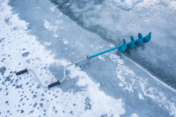 Pêche Sur Glace Sur Lac Montagne Pêche Sur Surface Gelée — Photo