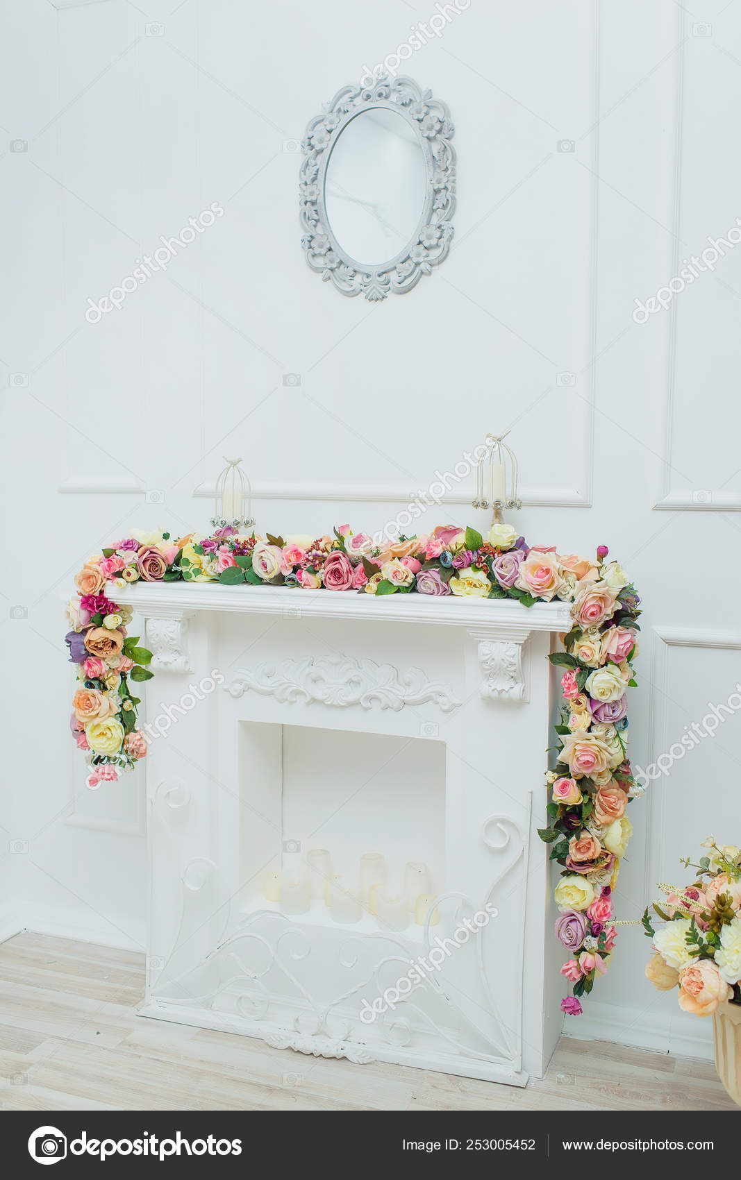 Fireplace Decorated Flowers Decorative Stucco White Wall Candles