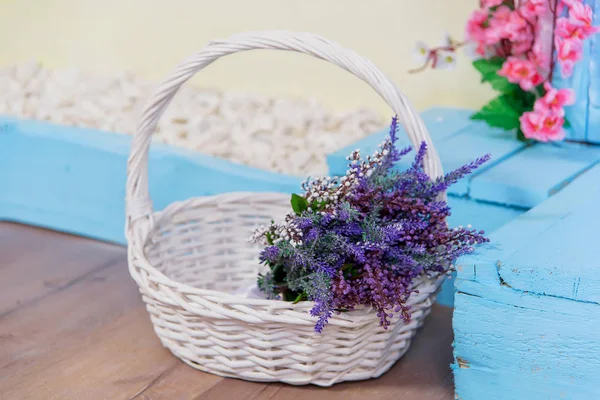 Spring decor. Lavender in a white wicker basket. The interior of the room. White wooden wall. Decorative element. Blue steps. Pink flowers.