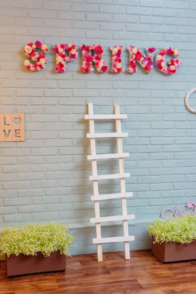 Blauwe Bakstenen Muur Lente Decor Decoratief Metselwerk Het Interieur Van — Stockfoto