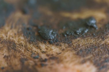 Yüz yakın çekim cilt üzerinde siyah kil maskesi. Deride terapötik çamur. Kirli cildin dokusu.