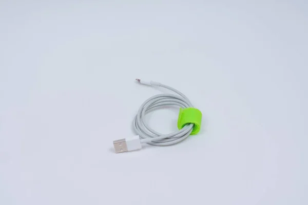 White Usb Cord Green Latch Wire White Background Charger Smartphone — 스톡 사진