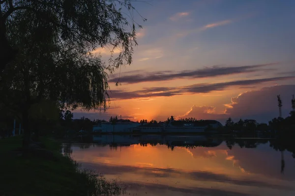 Solnedgången Reflekteras Ytan Sjön Park Med Sjö Batumi Vila Georgien — Stockfoto
