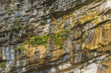 Okatse nehrinin Kanyonu. Georgia 'da dinlenin. Imereti bölgesinde doğa. Dağların kayalık çıkıntıları. Dağ yüzeyinin dokusu.