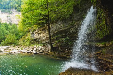 Küçük bir şelale ve ormanda bir göl. Georgia 'Nın doğası. Okatse Kanyonu 'na yürüyün. Georgia 'da dinlenin. Yeşil yosun ile kaplı büyük taşlar.