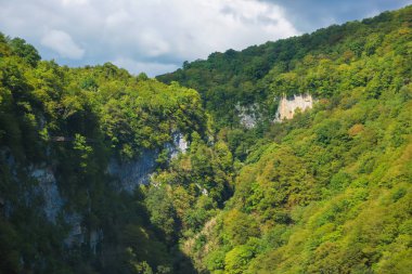 Okatse Kanyonu. Georgia'da dinlenin. Imereti bölgesinde doğa. Dağların kayalık çıkıntıları yeşil ağaçlarla büyümüş..
