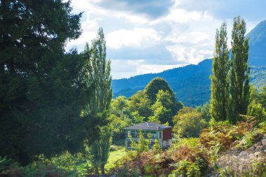 Dağlarda doğada ahşap ev. Georgia 'da dinlenin. Kutaisi 'de yürü. Yeşil ağaçların bir arka planda Vintage ev.