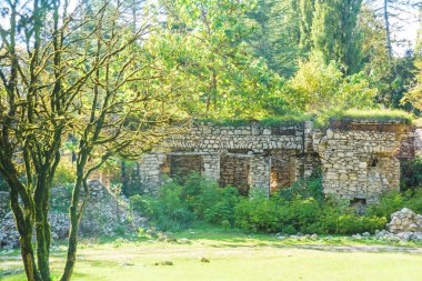 Gürcistan'ın vintage mimarisi. Harap olmuş taş ev. Imereti bölgesinde doğa. Eski taş ev.