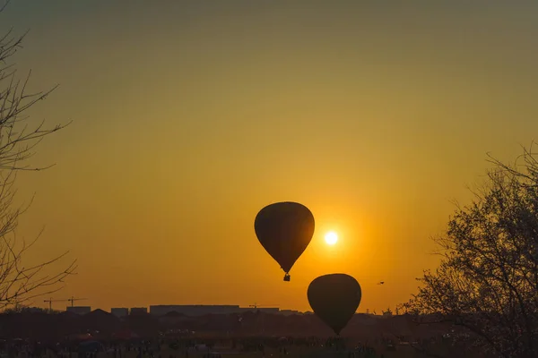 Heißluftballons Bei Sonnenuntergang Auf Dem Ballonfestival Ballonfestival Kasachstan Aerostate Fliegen — Stockfoto