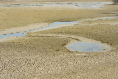 Gölet kurutuyor. Kuru çatlak toprağın dokusu. Çevre sorunu.