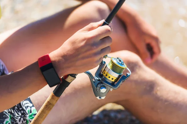 Man Fishing Rod Rest Kyrgyzstan Trip Issyk Kul Lake Red — Stock Photo, Image