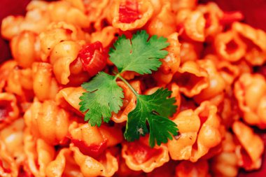 Domates soslu makarna ve yeşillik ler yakın çekim. Domates ile kabukları şeklinde makarna Doku. Akşam Yemeği için Ev Yapımı Rustik Makarna