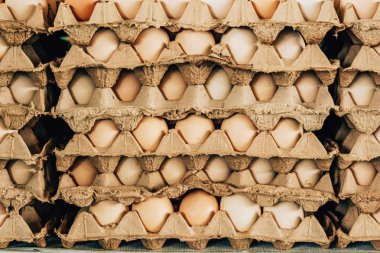 Piyasada tepsilerde yumurta. Tavuk yumurtasının depolanması ve taşınması. Fabrika Tavuk Yumurta