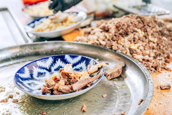 Pieces Boiled Meat Plates Preparation Pilaf Uzbek National Dish Rice — Stock Photo, Image