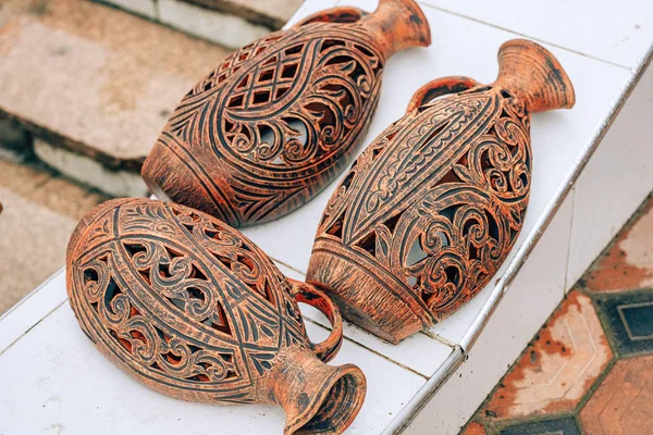 Pratos Cerâmica Com Ornamento Tradicional Uzbeque Caminhe Pelo Mercado Tashkent — Fotografia de Stock