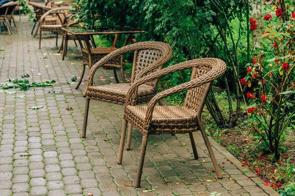Wicker furniture for the yard. Outdoor furniture made of artificial rattan Walk around the city of Tashkent.