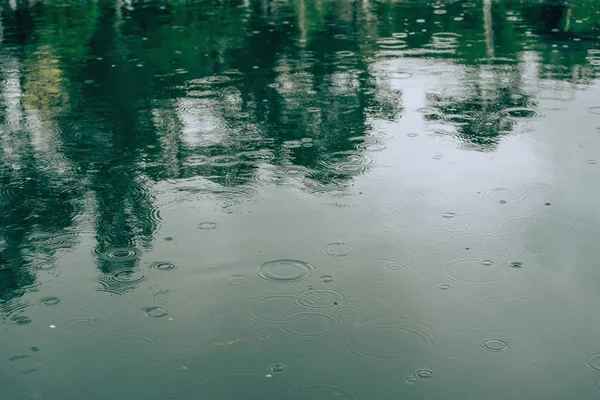 Gocce Pioggia Sulla Superficie Dell Acqua Lago Nel Parco Passeggiata — Foto Stock